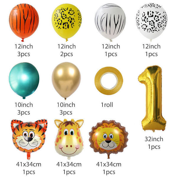 1:a Barnkalas Dekoration Set, Vilda Skogs Djur Folieballong, Födelsedag Dekoration Set, Djungel Tema Djur Fest Tillbehör, Pojkar och