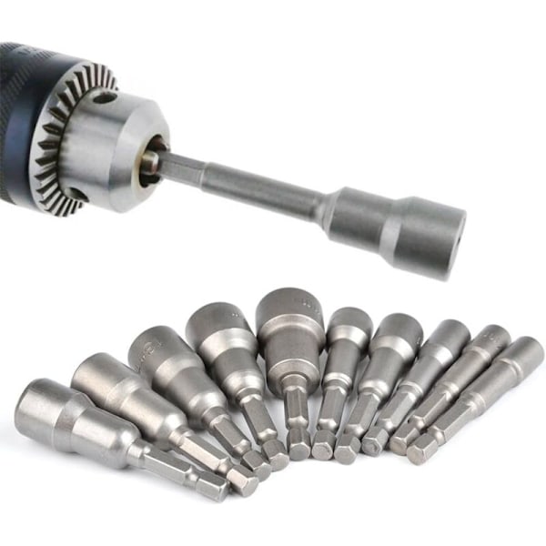 10 stk. magnetisk sekskantbit-sæt til slagboremaskine 6-15 mm, magnetiske topnøgler, sekskantbit-sæt, 1/4 magnetisk sekskantbit-adapter