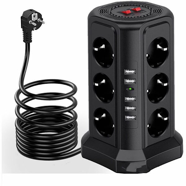 Lyn- og overspændingsbeskyttelsesstrømstikstårn, stikdåse med 5 USB-porte og 12 stikkontakter, stikdåse med og 3 afbrydere, sort