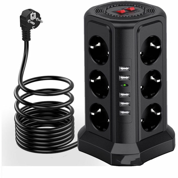 Överspänningsskydd och överspänningsskydd för grenuttag, elektriskt grenuttag med 5 USB-portar och 12 uttag, grenuttag med och 3 strömbrytare, svart
