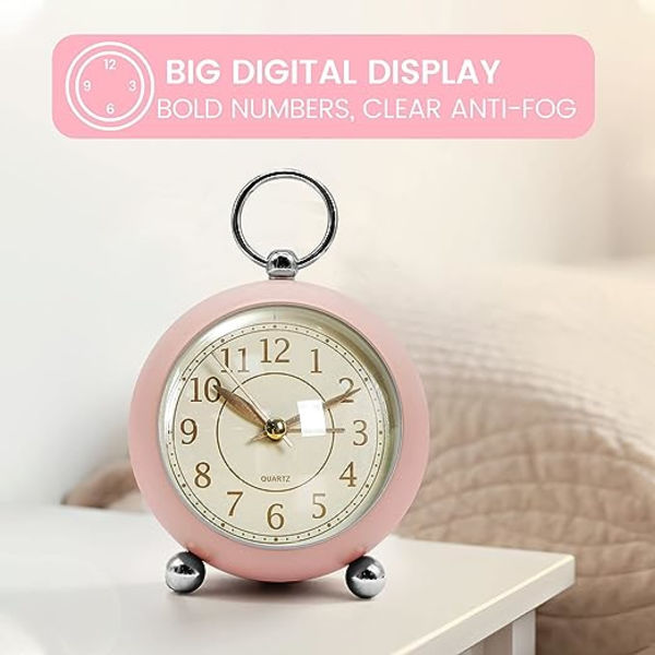 (Rosa) Retro Analog Alarmklocka, Tvillingklocka Alarmklocka Ingen Ticking, Retro, Batteridriven, Kvarts Bordsur med Nattljus, för Barn, för Djup Sömn