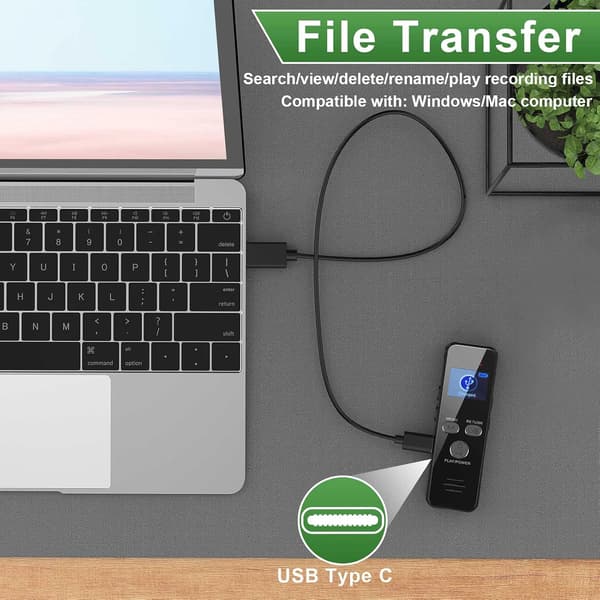 Digital stemmeoptager, 8 GB diktafon med metalkabinet og stemmeaktiveringskode, USB C lydoptager til konferencer