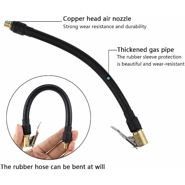 Renkaan täyttöletku 20 cm Musta ilmaletku renkaan täyttöputki 2 ilmapumpun adapterilla, letku auton renkaiden täyttöön