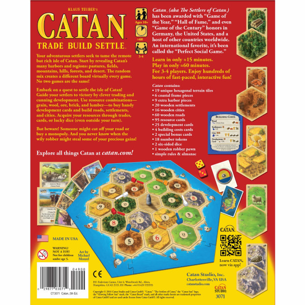 Catan (grundspil) eventyrbrætspil for voksne og familier Alder 10+ Egnet til 3 til 4 spillere Gennemsnitlig spilletid 60 minutter (25. jubilæumsudgave)