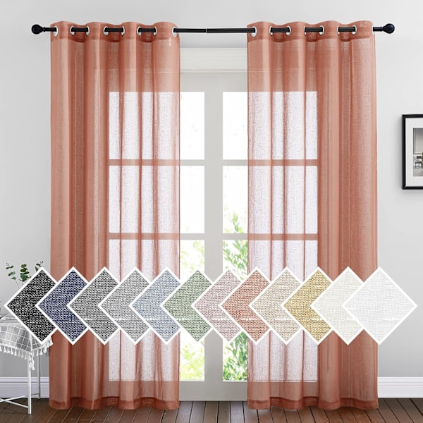 Linned Gennemsigtige Gardiner - 213 cm Lange (Sæt med 2) - 132 cm Brede Øjeletpaneler, Havtågeeffekt, Filtrerer Lys i Soveværelse/Gæsteværelse Orange