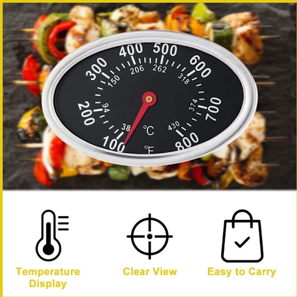 Erstatning for grilltermometer, varmebestandig rustfritt stål indikator for 3-tommers grillmåler, oval grilltemperatur