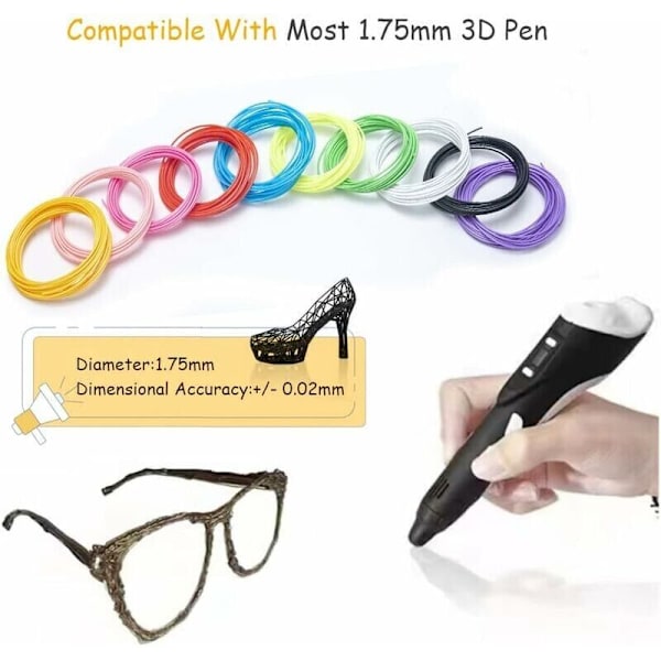 3D Pen Filament, PLA 1.75 Filament Refills til 3D Pen, 10 Farver, 5M Hver, 3D Pen Filament til Børn og Voksne, Kompatibel med Professionel 3D Print