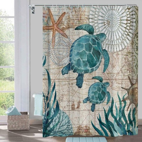 (150x180cm) Dusjforheng med 12 kroker Hurtigtørkende Skilpadde Vanntett Polyester Stoff Maskinvaskbare Baderomsgardiner