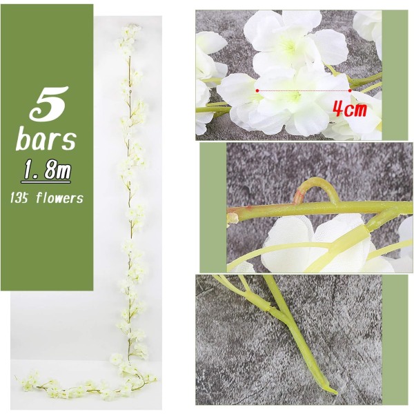 5st 1,8m -Vita körsbärsgirlanger Konstgjorda blommor Hängdekor