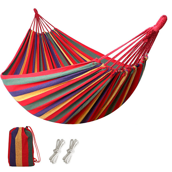 Hængekøje, 210 x 100 cm, belastning 300 kg, til terrasse, altan, have, udendørs, camping, med bæretaske, stropper og karabinhager, Multicolor rainbow GDC