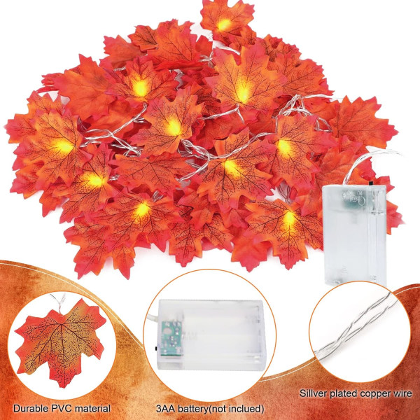 3M Maple Leaf Lyskjeder, 20 LED Maple Lyskjeder - Maple Leaves - for Utendørs, Hjem, Jul, Thanksgiving, Dekorasjon