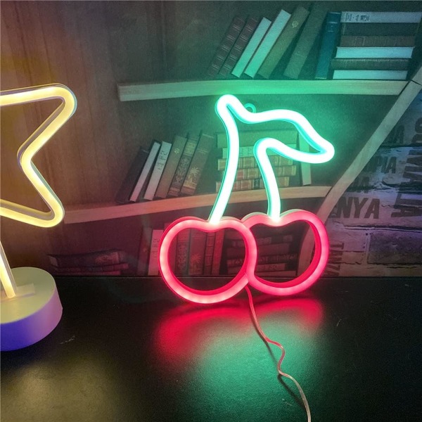 Decorative Cherry Hanging Neon Light-22.5*19.2*2cm Operated with USB or Batteries for Home, Bedroom, Bar, Restaurant, Christmas, Birthday Party, Wal