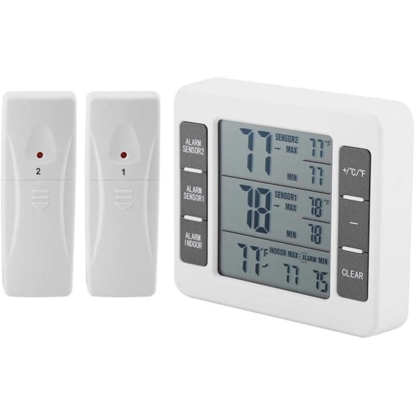 Termometer för kylskåp digital display trådlös frystemperaturövervakare för kylskåp med 2 rumsensorer och min/max-larm