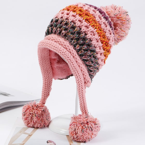 Kvinners Vinter Peruviansk Dekke Ører Lue Hette Øreklaffer Sherpa Ski Snø Huer Strikket Fleece Foret 3 Pom Pom(Koreansk pulver)