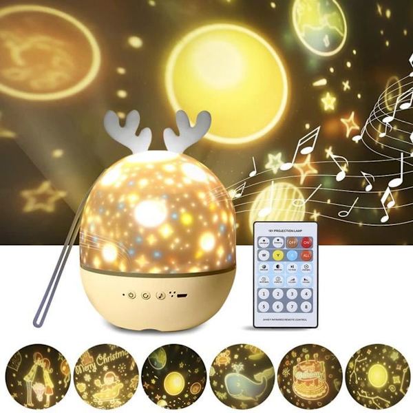 Musikalsk nattlys 6-modus LED-projektorlampe 8 sanger roterende for barn med fjernkontroll nattstjernebueprojektor