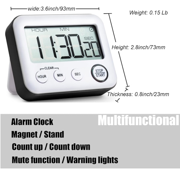 Multifunksjonell timer, nedtelling + alarmklokke (svart)