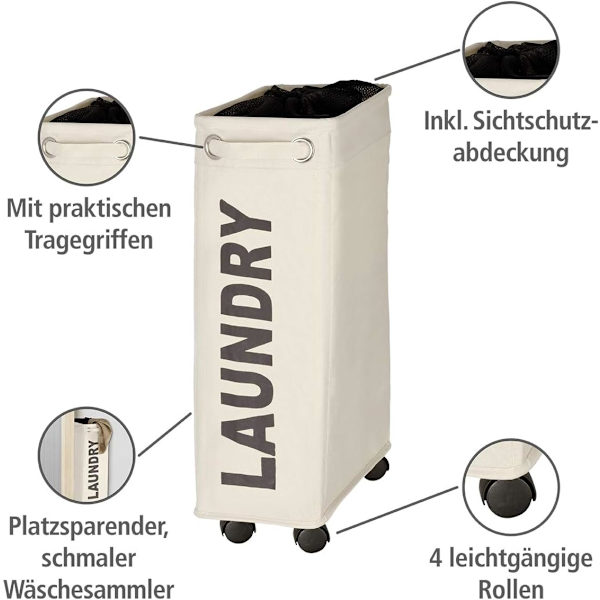 Tvättkorgar Tvättkorg, ultratunn tvättkorg för små nischer, tvättkorg på hjul, tvättskåp med handtag, 100 % polyester