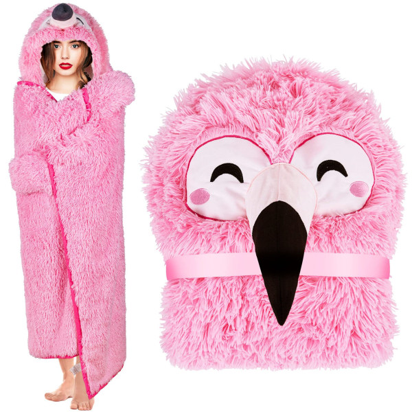 Flamingo Voksen Bærbar Hættetrøje Tæppe - Plys Super Blød Varm Komfort Plys Flannel Fleece og Sherpa Hoodie Poncho - Flamingo