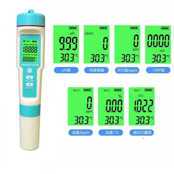 Vattenkvalitetstestare, 7 i 1 PH-mätare och PH/TDS/SALT/ORP/SG/TEMP/EC, PH-mätare med LCD-display, för dricksvatten, pooler, akvarier,