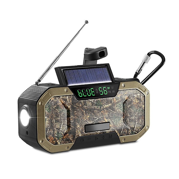 IPX5 Multifunktionell Nödradio Handvev Sol Bärbar AM/FM/NOAA Väderradio med LED Ficklampa SOS Mobiltelefonladdare (Kamouflage)