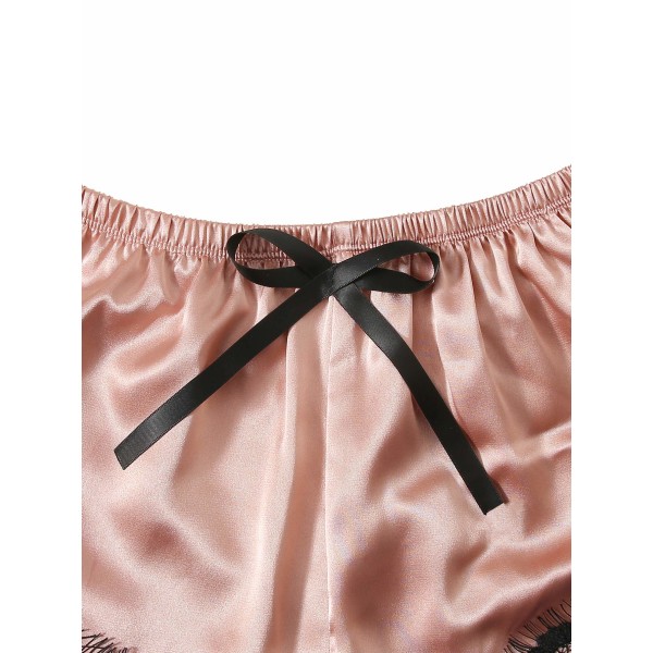Dam satin pyjamas set 4 delar blommig spets trimmad camisole underkläder pyjamas med morgonrock M