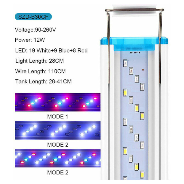 Ultratank LED akvariebelysning, akvarie LED rampe med 3 justerbare lystilstande, akvariedekoration (blå, rød blaet), 28 cm, 12W