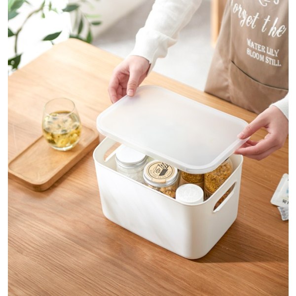 2 stk. opbevaringskasser med bambuslåg, plastik opbevaringsbeholdere til organisering, stabelbar opbevaringsboks med håndtag, （26*18*16cm）