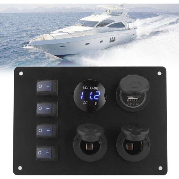 Panel med 4-sporet vandtæt kontakt med dobbelt USB-port og spændingsdisplay, 12 V stik til bil, båd, autocamper