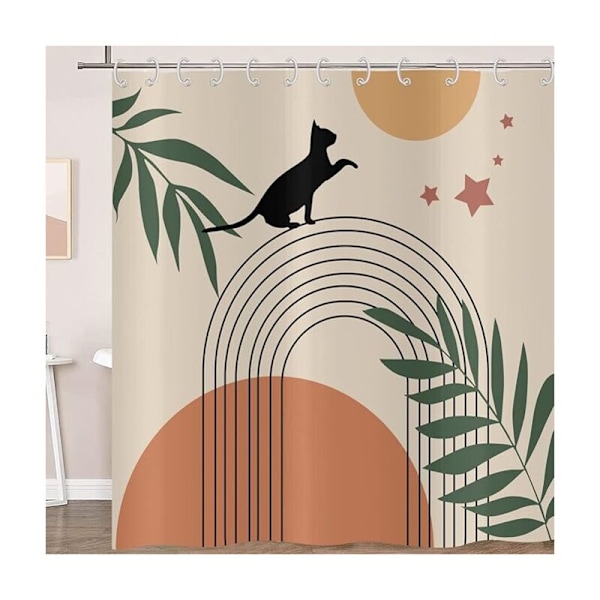 Boho Duschdraperi 180x180, Abstrakt Beige Badrumsgardin i Mid-Century-stil med Svart Katt, Grönt Löv, Knut, Sol, Måne, Modern Minimalistisk Geometrisk Estetik