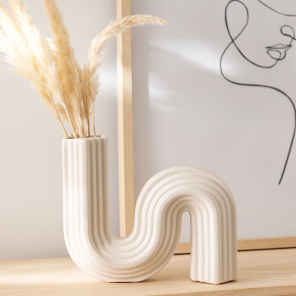 1 stk. snoet æstetisk vase cool S-formet vase enkel geometrisk form kunst dekoration håndlavet bryllup fødselsdag julegave (hvid)