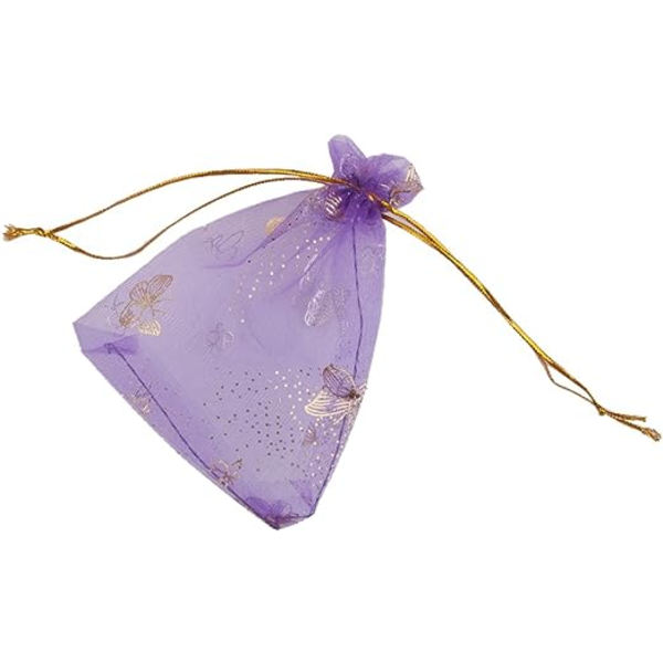 Noin 100 kpl organza-pussia, joissa nyöri, häälahjoihin, 9 x 12 cm (perhoskuvio), violetti