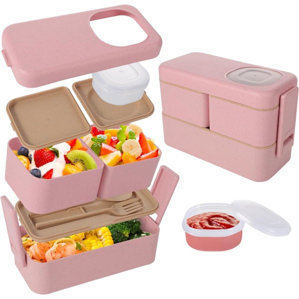 Bento Lunch Box, 2 Layer Leak Proof Bento Box with 3 Compartments and Sauce Pot Cutlery Stackable Salad Box for Kids and Adults(pink)