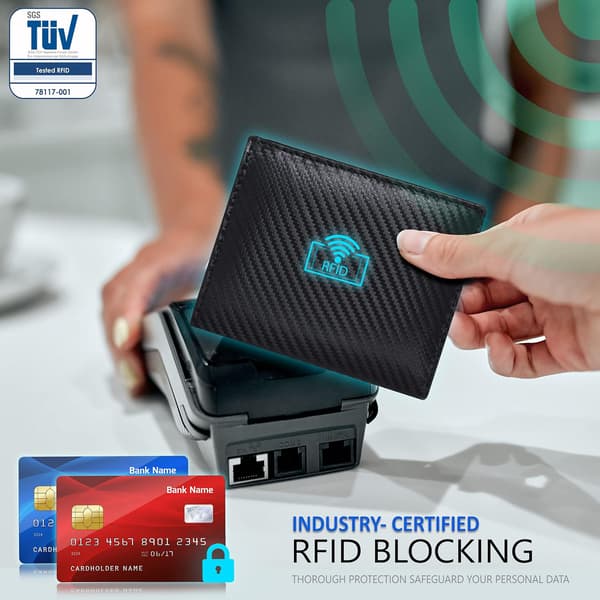 Lærveske for menn og kvinner - Flat Design med RFID-lesebeskyttelsesfunksjon (Carbon Black)