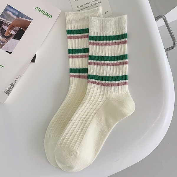 Damstrumpor i vitt, höst och vinter retro randiga broderade bokstäver strumpor, damfleece strumpor, 5 par