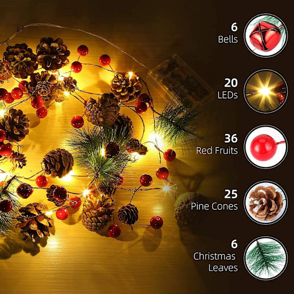 Juleguirlande med lys | LED julelys juleguirlande fyrrekogle fe lys | Juletræsfestdekorationer batteridrevet (2M,20 L