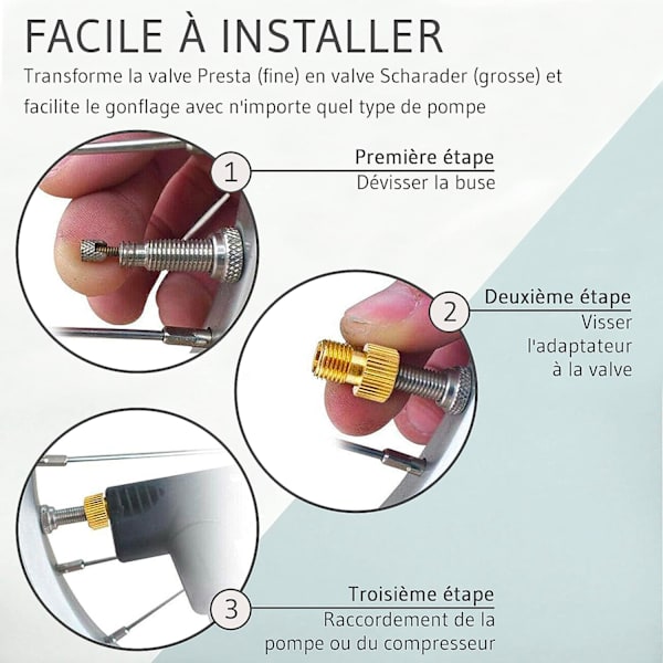 4-pakks sykkeldekk-inflasjonsventil-adapter med manuell pumpe eller luftkompressor - Konverterer Presta-ventil (tynn) til Schrader-ventil (grov) fra SV til