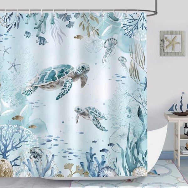 Bruseforhæng havskildpadde ocean blå alger Badeforhæng polyester anti-skimmel vandtæt vaskbart badeværelsesforhæng 180 x 180 cm med 12 kroge til bad