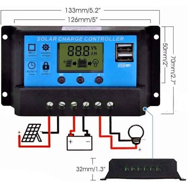 12V/24V Smart Solcellepanel Laderegulator med LCD-skjerm og