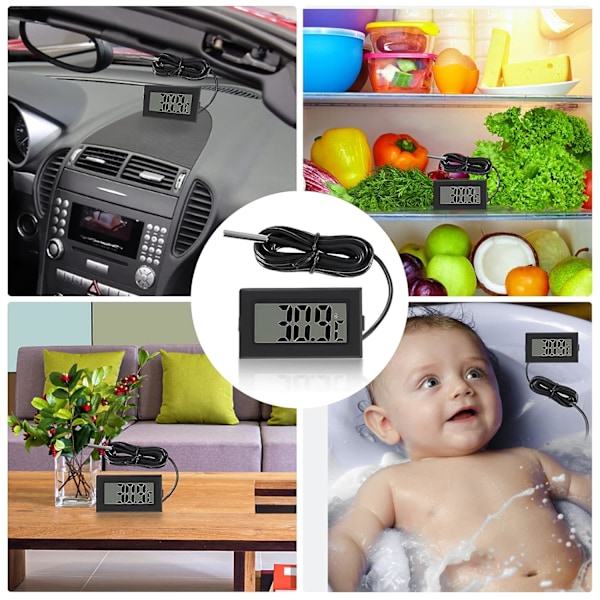 Digital LCD-termometer Temperaturindikator - Svart, 4,8 cm x 2,8 cm x 1,5 cm, med extern vattentät sond, för kylskåpsakvarium, akvariumkylskåp f