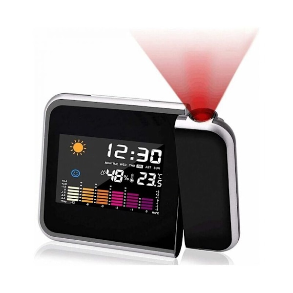 Projektionsväckarklocka med färgskärm, personlig väderstation för sovrum, projektor med variabel intensitet, dubbellarm, LCD-display, datum