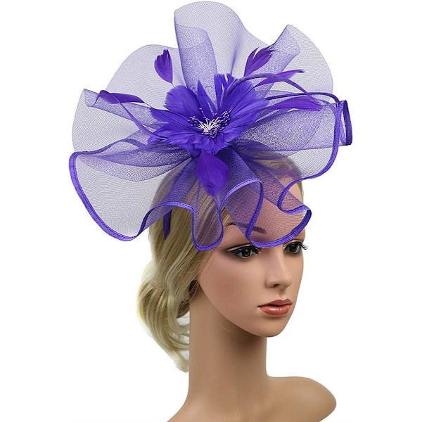 (Lila) bikini mesh bröllop hatt kvinnor kreativa modeller fest bal hårband hårband dubbelanvändning överdriven mesh bowler hatt fjäder bröllop foto h