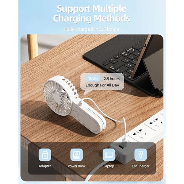 Mini portabel fläkt, [upp till 12 timmars drift] USB-fläkt med infällbar krok Liten portabel fläkt 3 hastigheter för kvinnor interiör svart