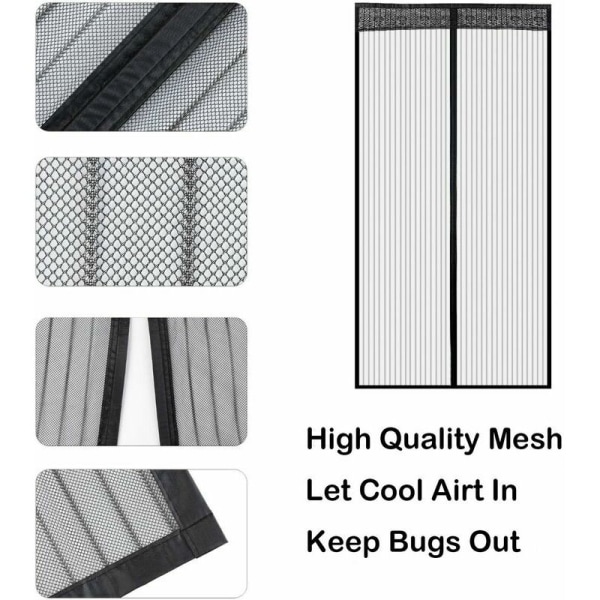 Magnetisk myggenetdør 140x220cm, Fiberglasdør myggenet, Fluenet til dør Automatisk lukning Ultra fint mesh Uden dryp (Sort)