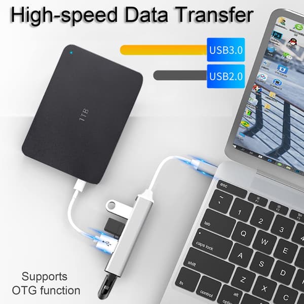 USB C Hub, Slank 4-Port Hub USB 3.0/2.0 Hub med USB A til USB C Adapter
