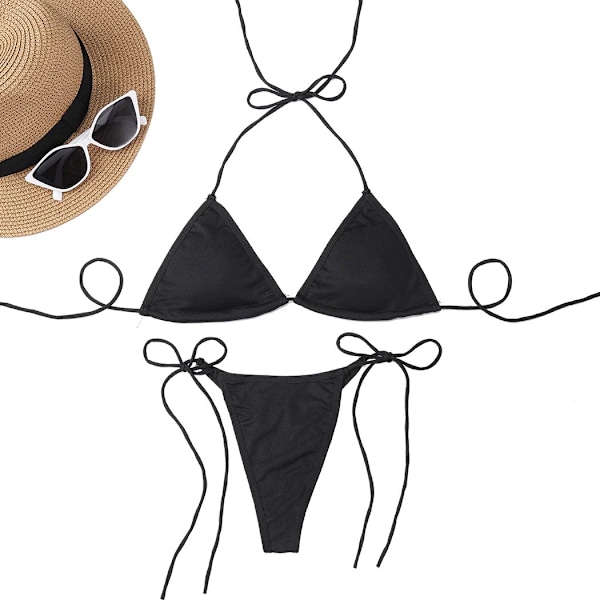 Sexet Bikini Badetøj Todelt Halterneck Badetøj Binde Trekant Polstret Badetøj Kvinders Strand (Sort)
