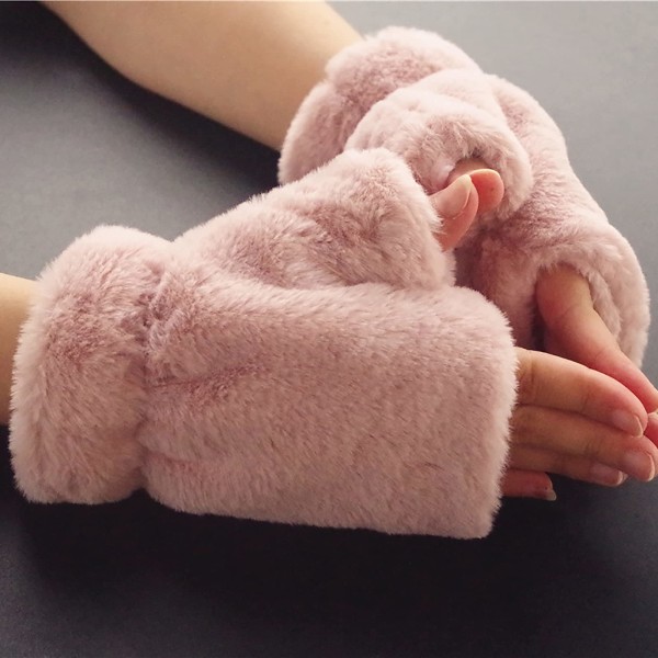 Dam fingervantar vinter varma vinterkörning skrivmaskiner handskar bekväma lurviga varma halvfingerhandskar handkläder mjuk konstgjord päls (rosa)