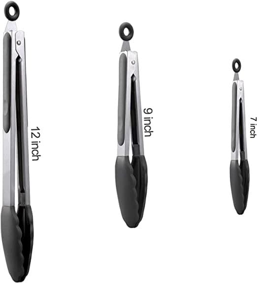 Sæt med 3 sorte låsbare køkkentænger i rustfrit stål med silikonespidser - 17,8 cm, 23 cm og 30,5 cm