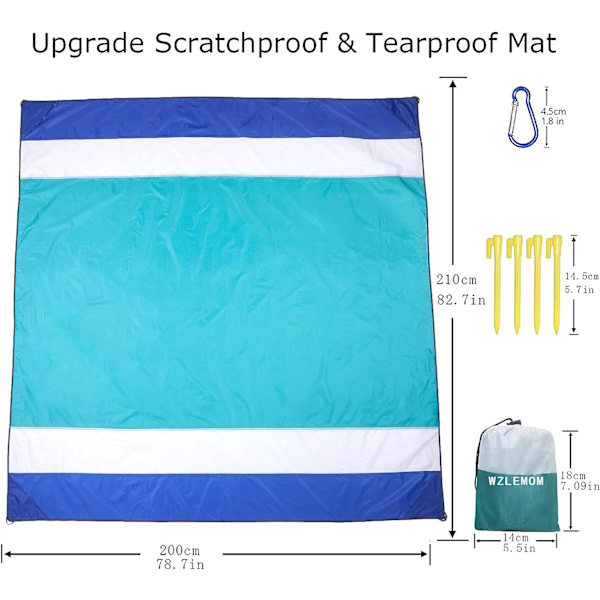 Strandmatte Piknikteppe for voksne 200 x 210cm, Strandteppe Sandfritt Vanntett, Strandteppe Ekstra Stor med Oppbevaringsport og 4 Faste Spiker f