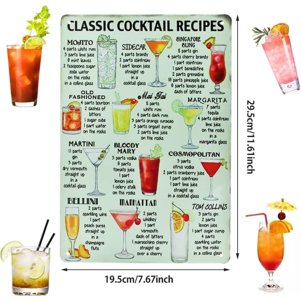 2 kpl Vintage Bar Metal Sign (CLASSIC) Iron Classic Cocktail Reci