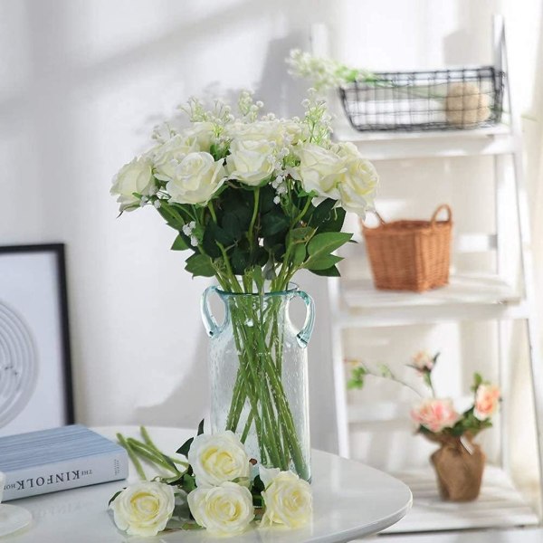 Kunstige roser silkeblomster buket hjemmekontor bryllupsarrangementer hvid (10 stk.)